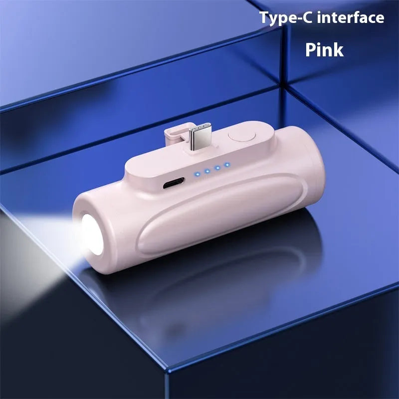 Black Glare power bank with integrated LED flashlight showing USB-C port and compact size.