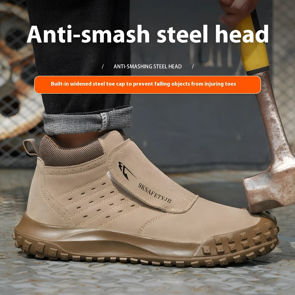 Lightweight grey welder safety shoe with steel toe cap and lace-up front on a worksite background.