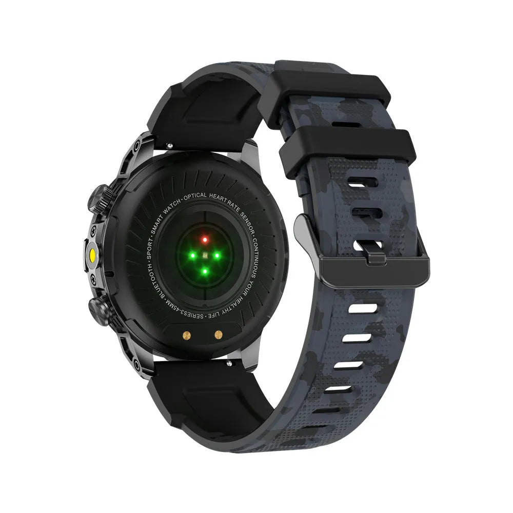 Sports smartwatch with AMOLED display on wrist showing fitness tracking data