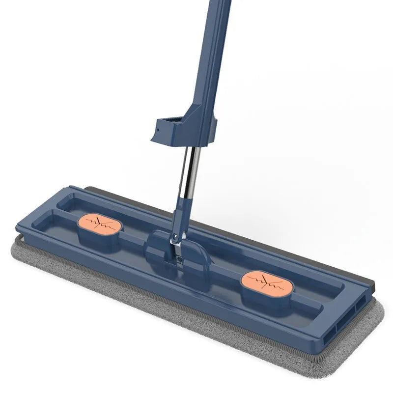New style large flat mop with long stainless steel handle and blue cleaning cloth on a hard floor