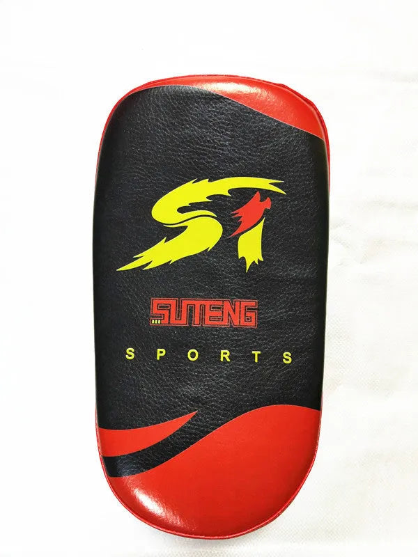 Black and red PU leather boxing Sanda hand target pad showing dimensions and double buckle strap.