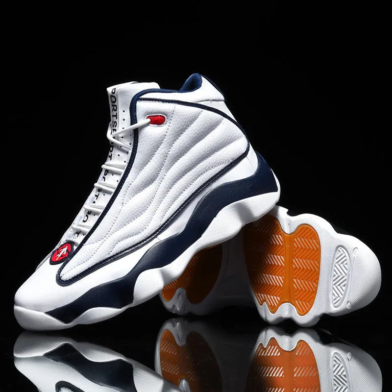 Men's AJ13 mesh basketball shoes with thick rubber sole in white red colour option