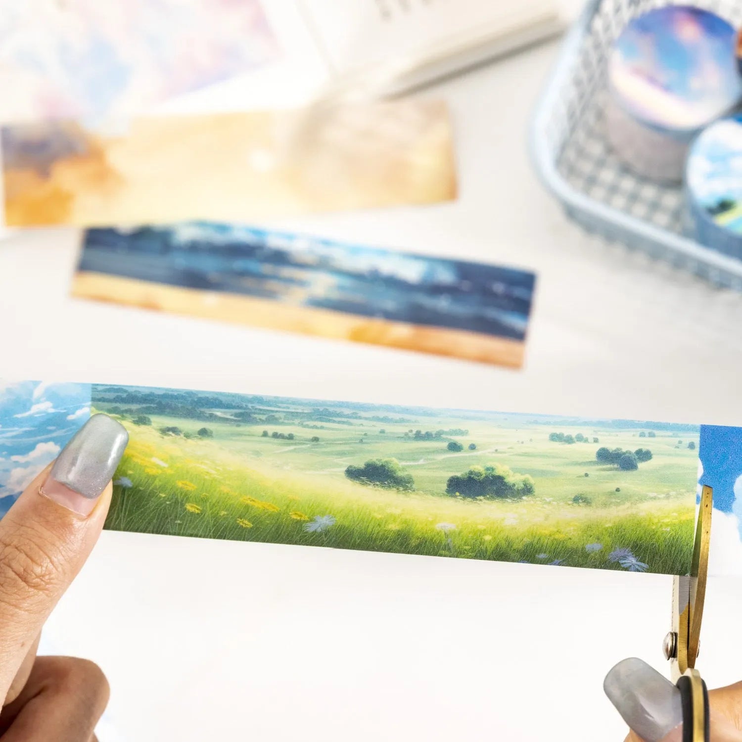 Roll of Japanese paper decorative tape with sky theme designs including clouds and nebula, labelled 30mm width.