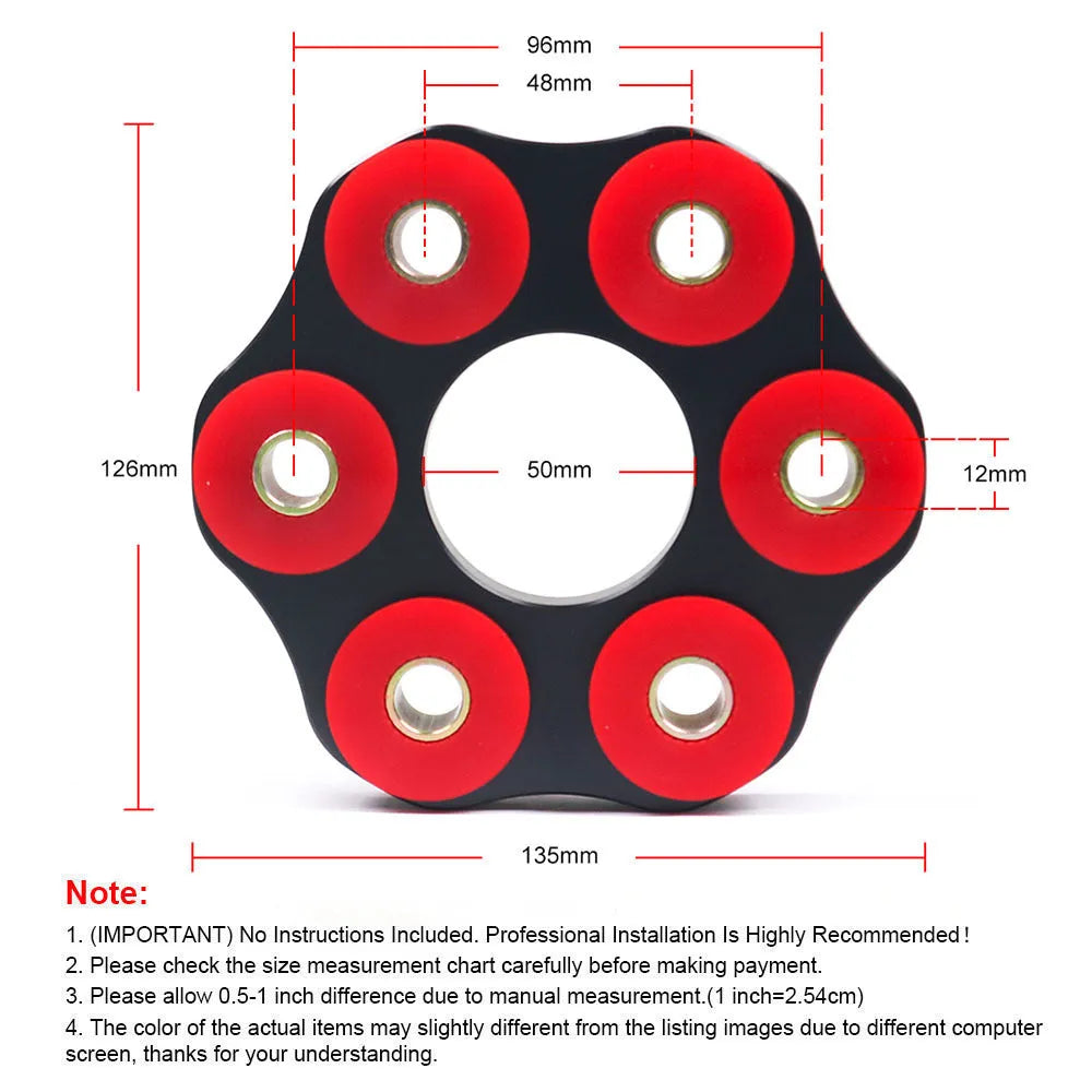 Red polyurethane and aluminium drive shaft connecting plate bracket for BMW E46, E36, E30 models.