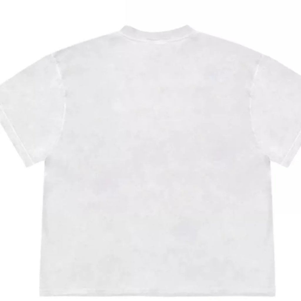 Loose fit blueberry patchwork t-shirt in ice oxygen cotton, showing short sleeves and round neck.
