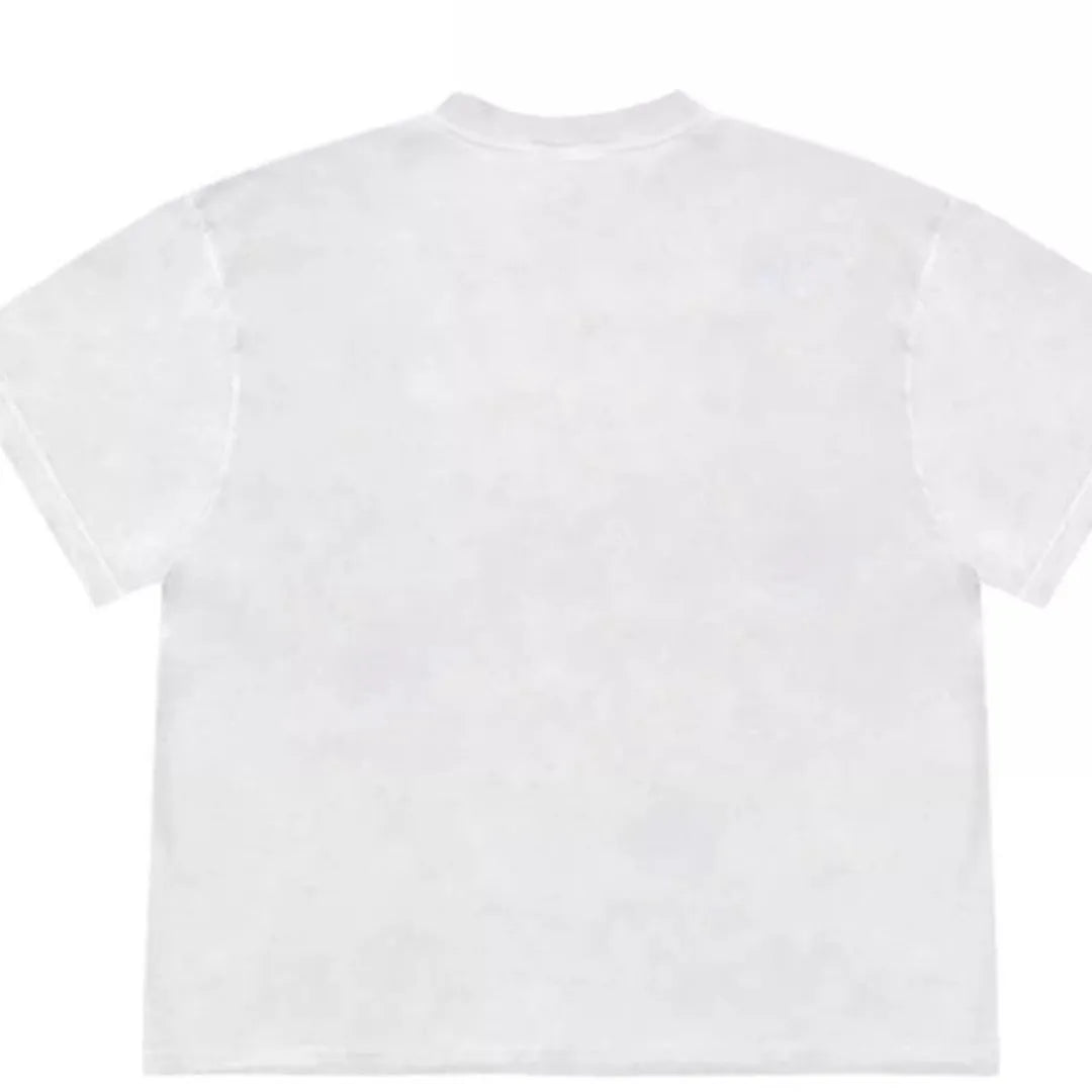 Loose fit blueberry patchwork t-shirt in ice oxygen cotton, showing short sleeves and round neck.