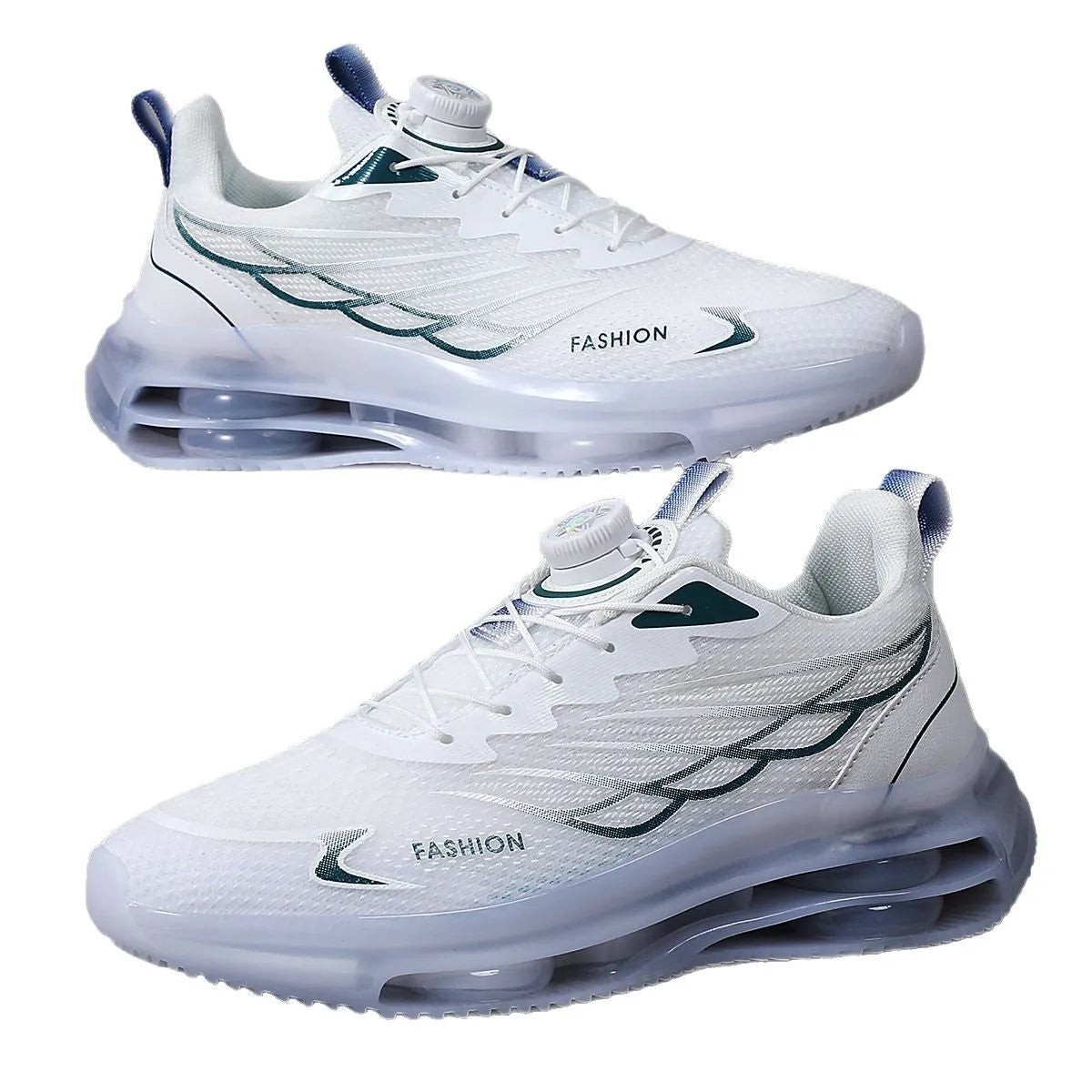 Men's white low-top mesh casual running shoes with round toe and lace-up front, on a solid background.