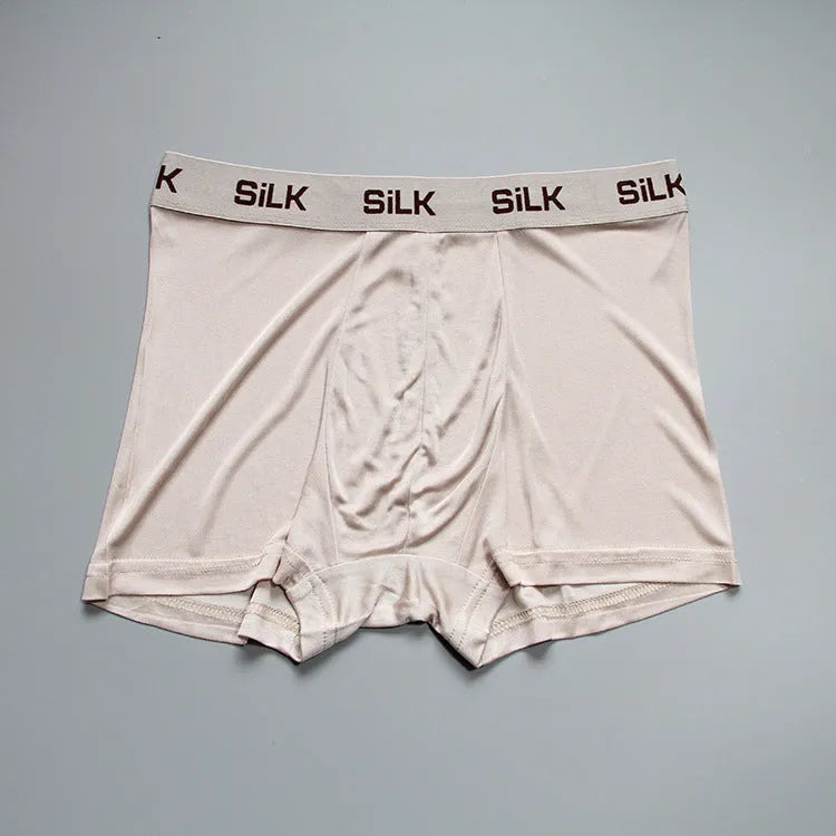 Men's loose-fit silk shorts in navy blue, silver grey, or skin colour