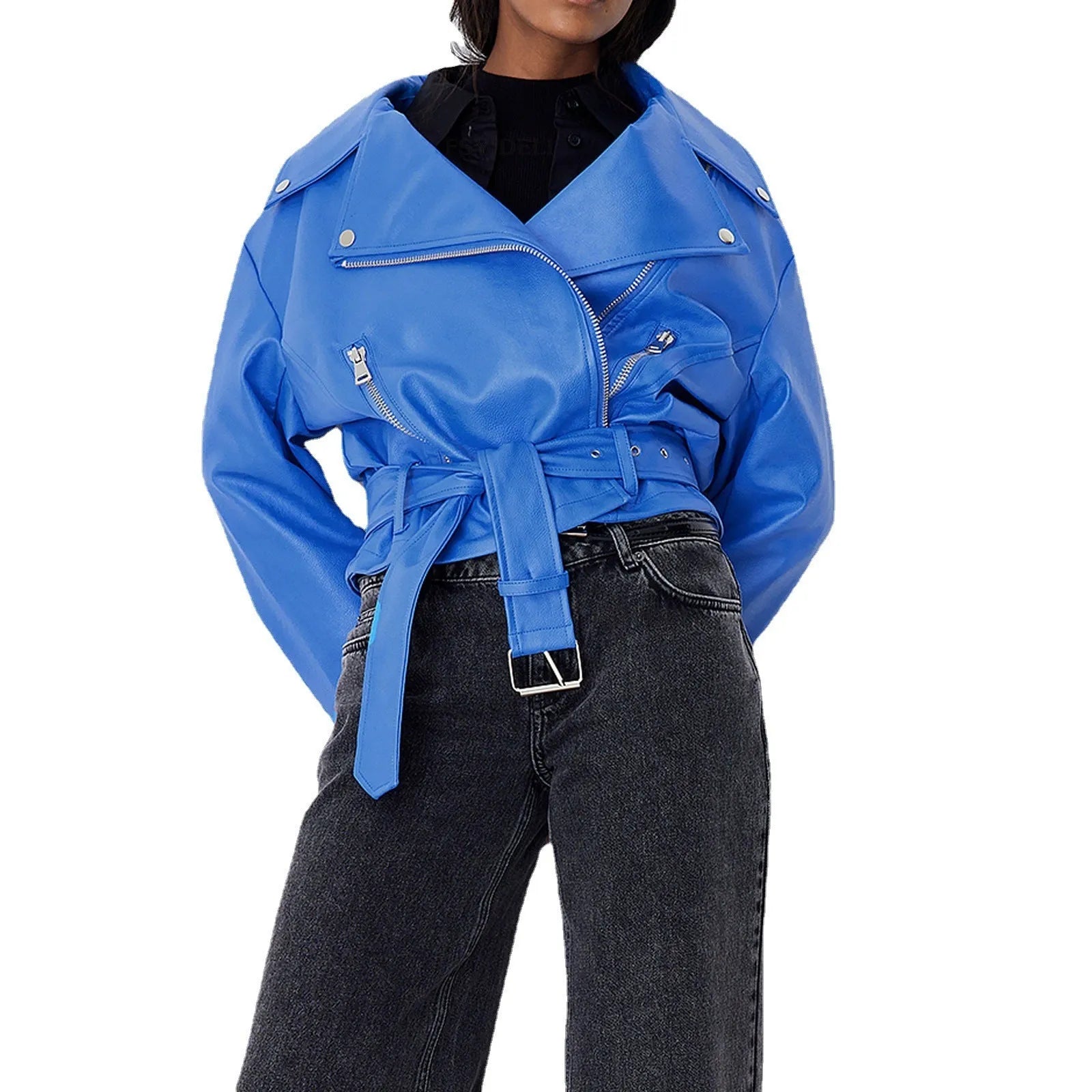 Black leather punk jacket with Peter Pan collar and drawstring waist closure