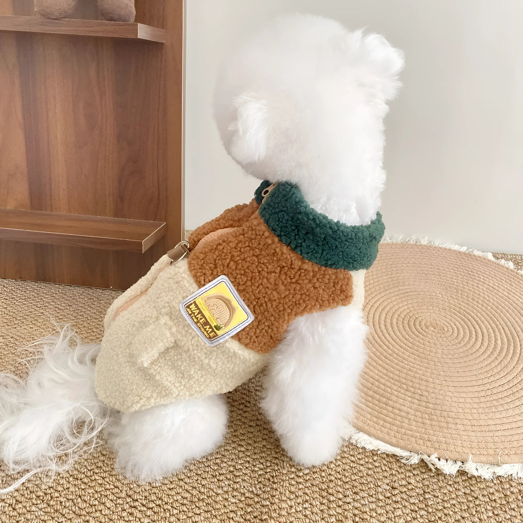 Lomi Brown denim style polyester dog traction vest coat on a small breed dog