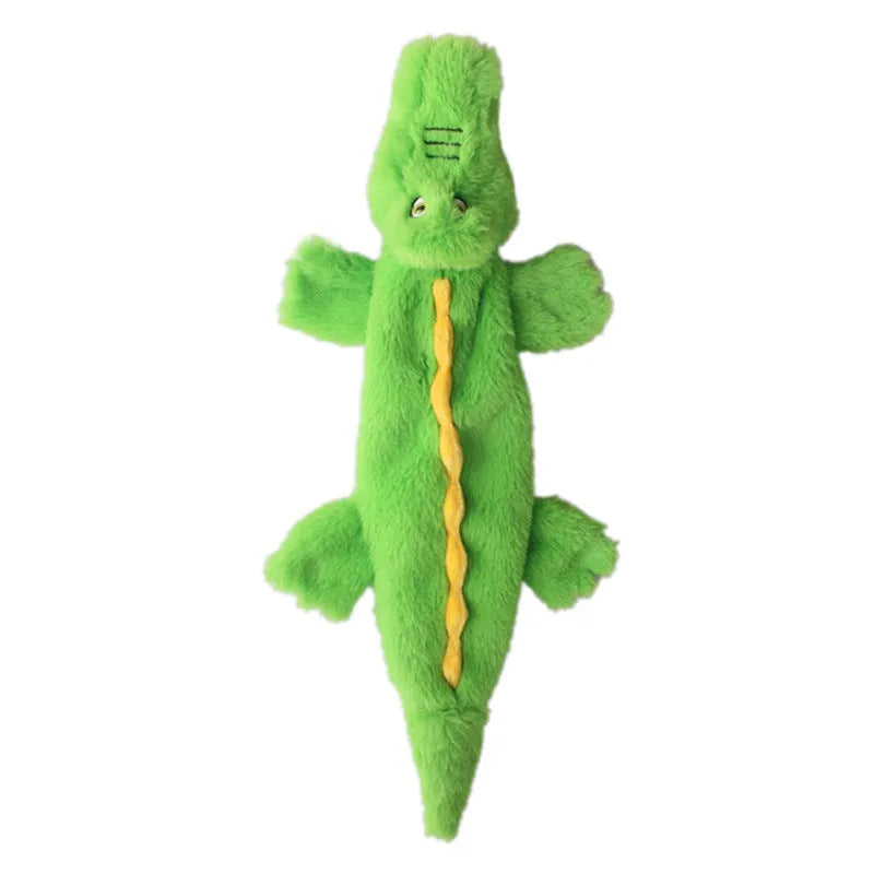 Green crocodile squeaky dog toy with no stuffing, crinkle paper tail, for aggressive chewers
