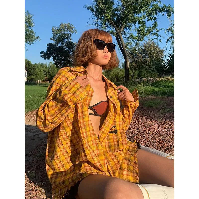 Dopamine yellow plaid shirt in loose fit design with cardigan style
