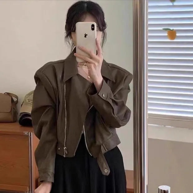 Women's brown imitation leather coat jacket with slim fit and 40cm length