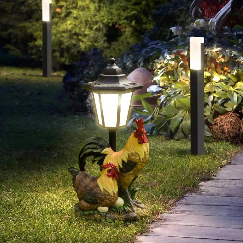 Hexagonal solar garden lamp with decorative resin animal design in outdoor setting