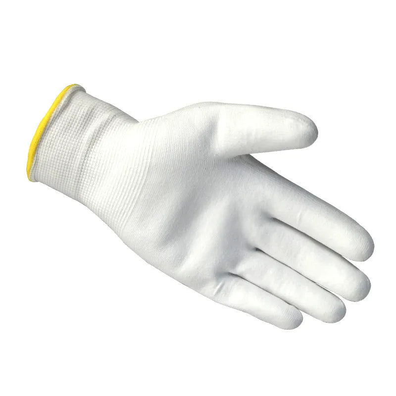 White PU coated work gloves showing flexible construction and polyurethane coating surface detail