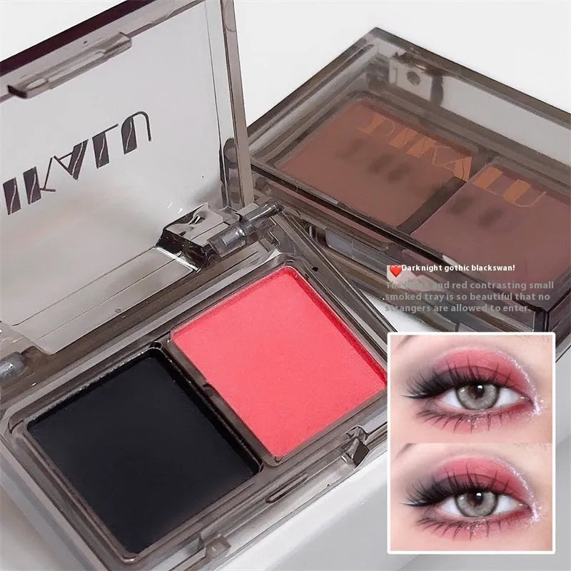 Cool two-tone eyeshadow palette showing pink and black colours with matte and shimmer finishes in punk style design