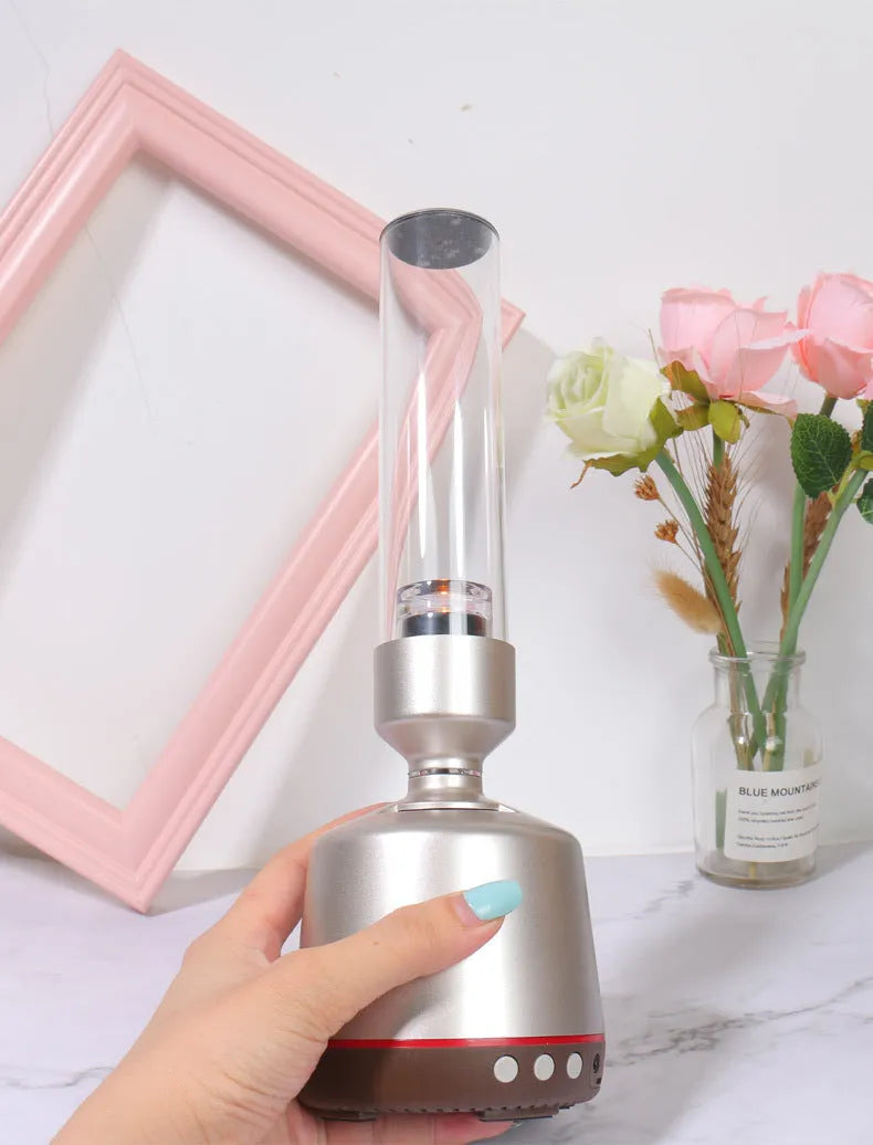 White silver candlelight Bluetooth speaker night light with modern design showing dimensions 90x277mm