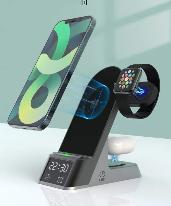 Black multifunctional alarm clock with wireless charging pad, digital display, and USB port.