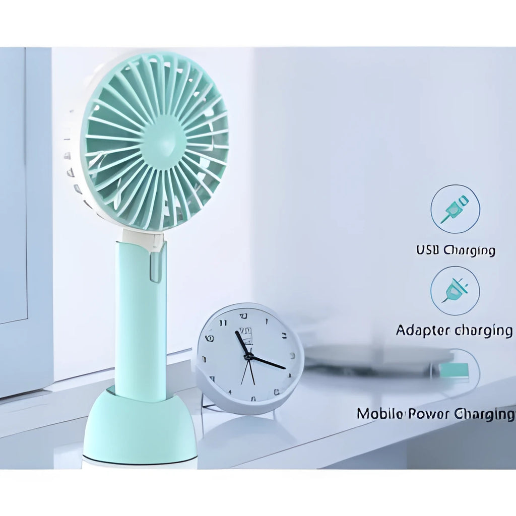 Blue handheld mini USB fan with three speed settings on a desktop