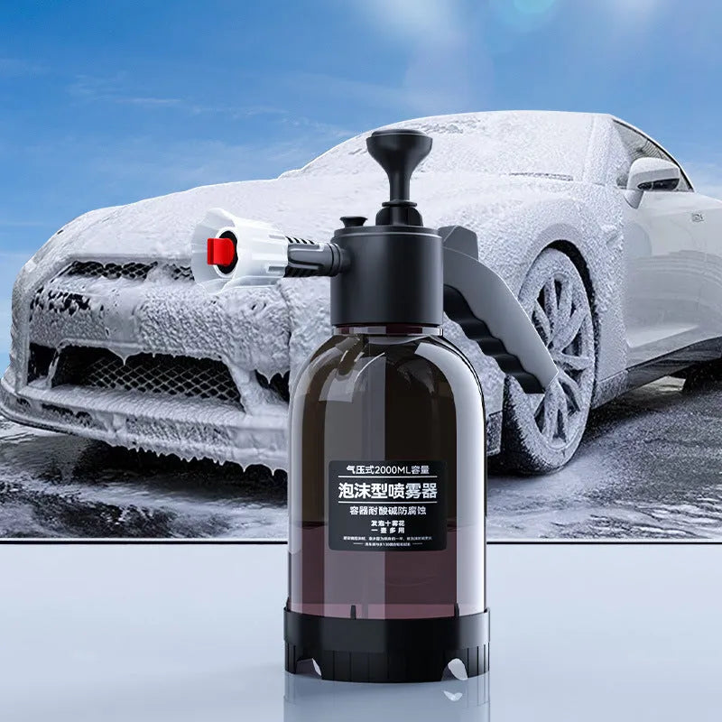 Black 2L foam watering can spray bottle with ergonomic handle and switch lock for car and household use.