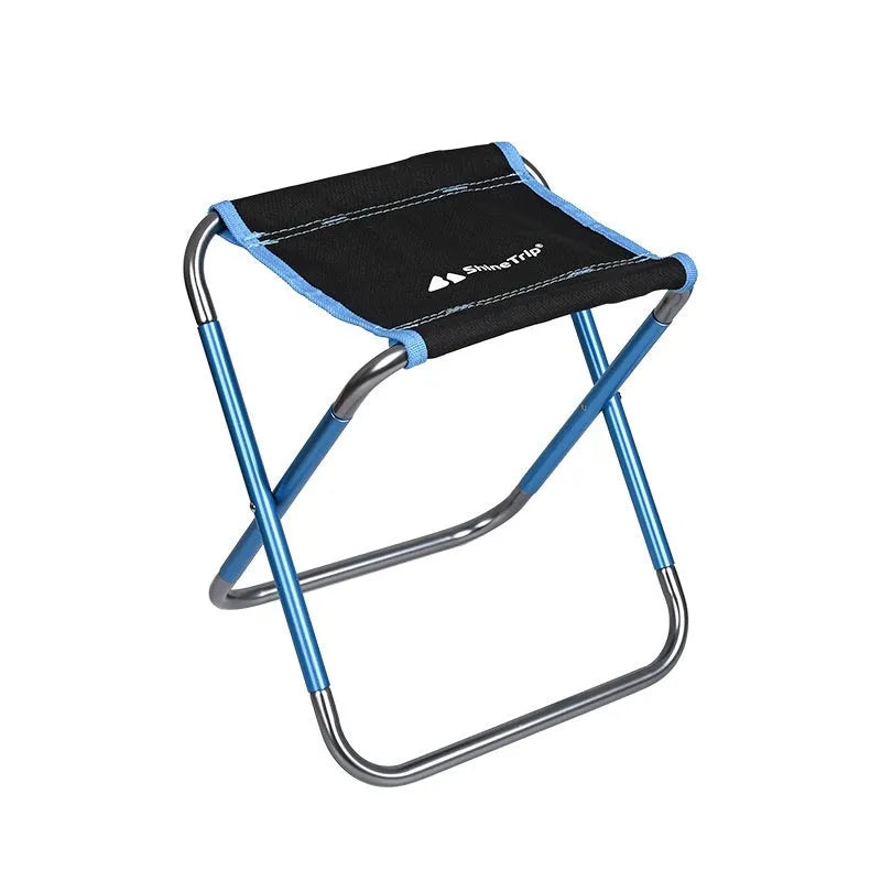 Black folding stool with ethnic pattern, made from 7075 aluminium alloy, shown in folded and unfolded states.