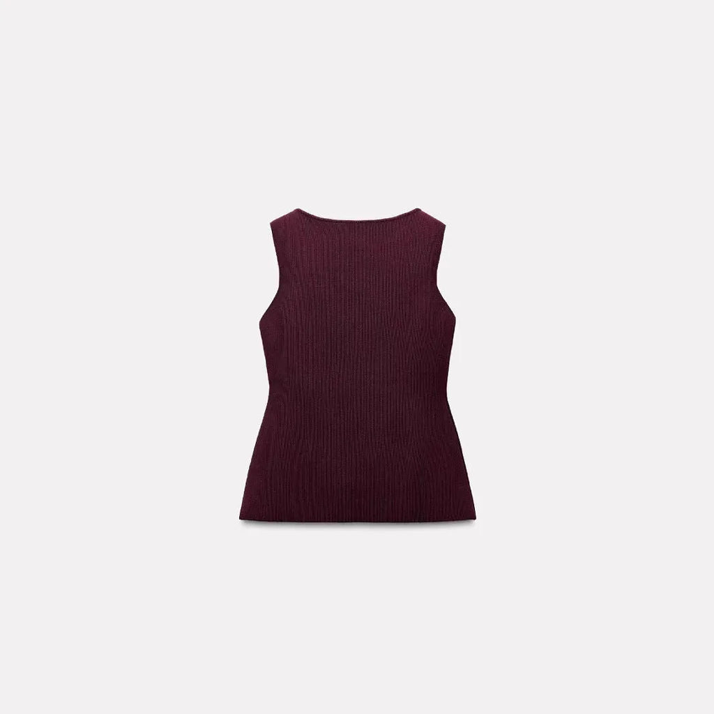 Dark red slim fit sleeveless sweater vest with gold buttons and 3D pattern detailing on a mannequin