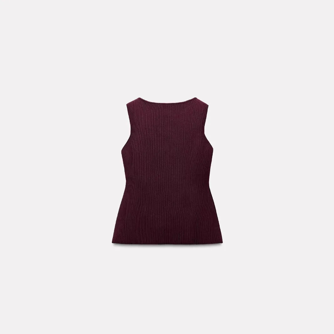 Dark red slim fit sleeveless sweater vest with gold buttons and 3D pattern detailing on a mannequin