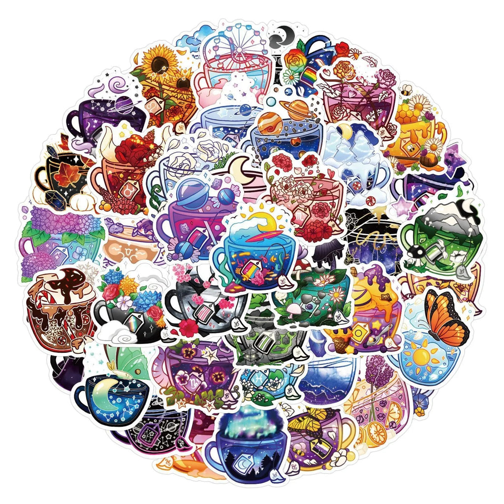 Waterproof vinyl stickers with colourful tea cup graffiti design in Nordic style, 50-piece pack