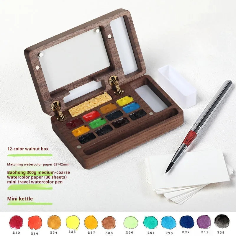 Mini walnut watercolour paint box with wooden case showing four design variants for pigment storage