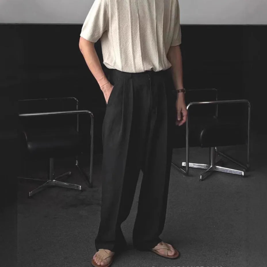 Men's loose wide-leg cotton linen trousers in apricot, army green, and purplish blue colours with Korean style