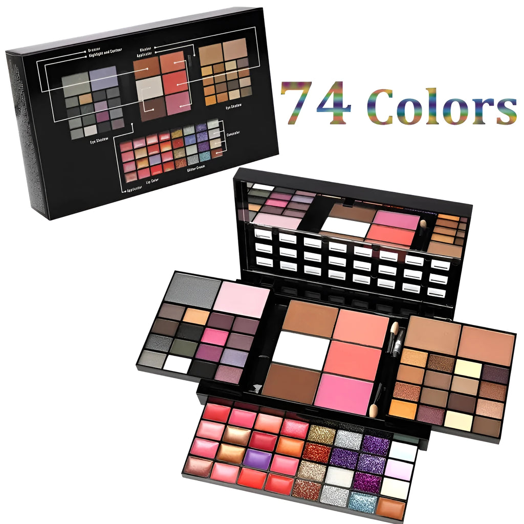 74 colour makeup palette with eyeshadows, lip glosses, face powders, brushes in plastic case