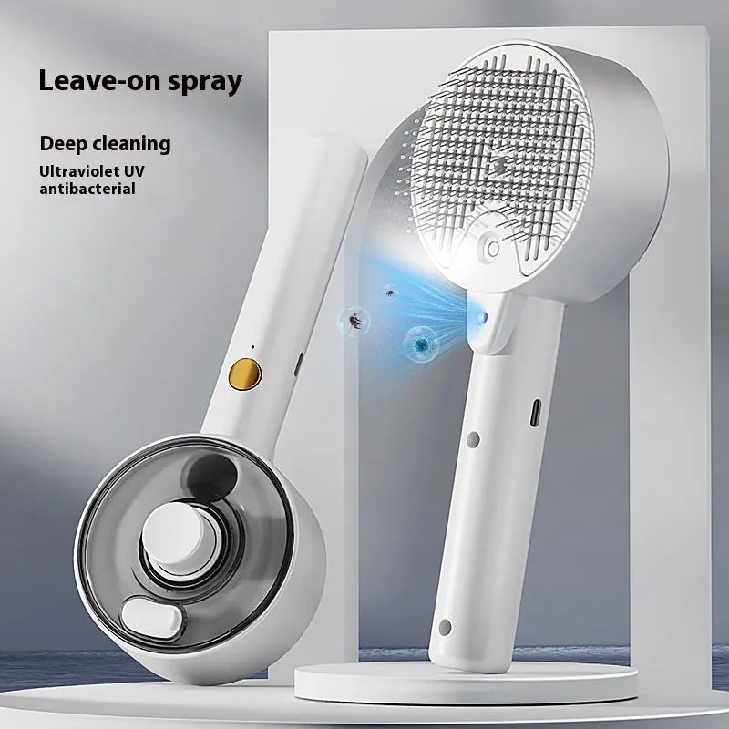 Ceramic White pet grooming brush with UVC light, mist spray nozzle, and soft needle head for dogs and cats.