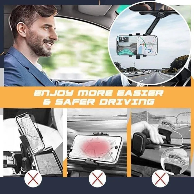 Black rearview mirror car phone holder showing adjustable arm and universal four-claw phone grip.