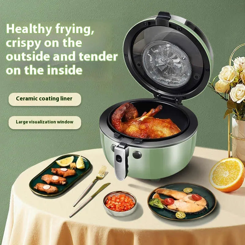 Air fryer oven with visible cooking window and mechanical button controls showing 8L capacity