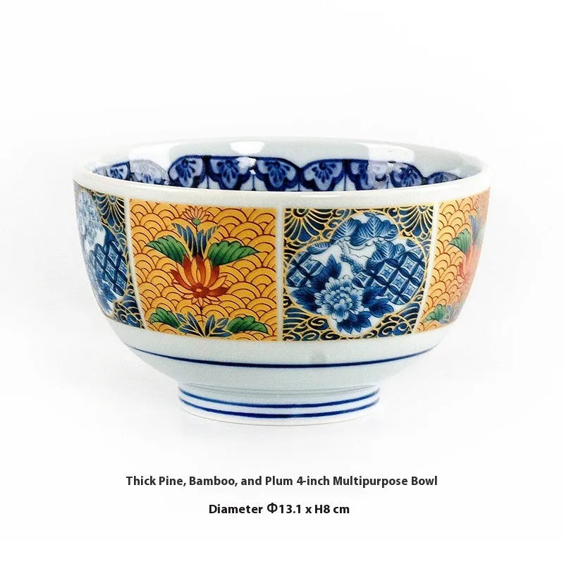 4-inch Japanese style porcelain bowl with retro floral pattern in golden peony design