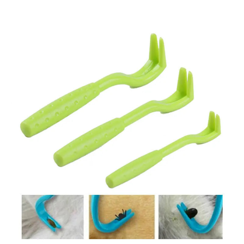 Three plastic pet tick removal tools in blue and green colours with hook design for parasite extraction