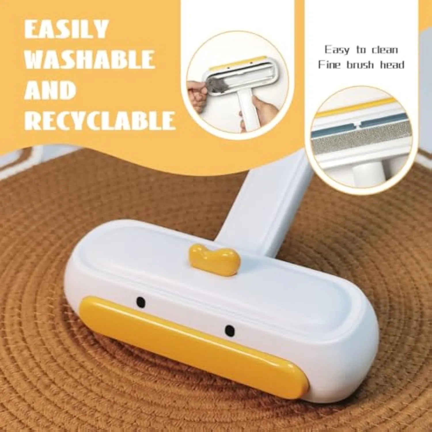 Yellow duck designed portable pet hair remover with reusable bristles for furniture and car seats