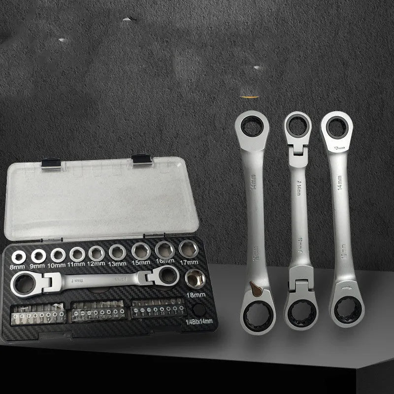 Ratchet wrench set with two-way mechanism, sockets, and batch heads on a work surface