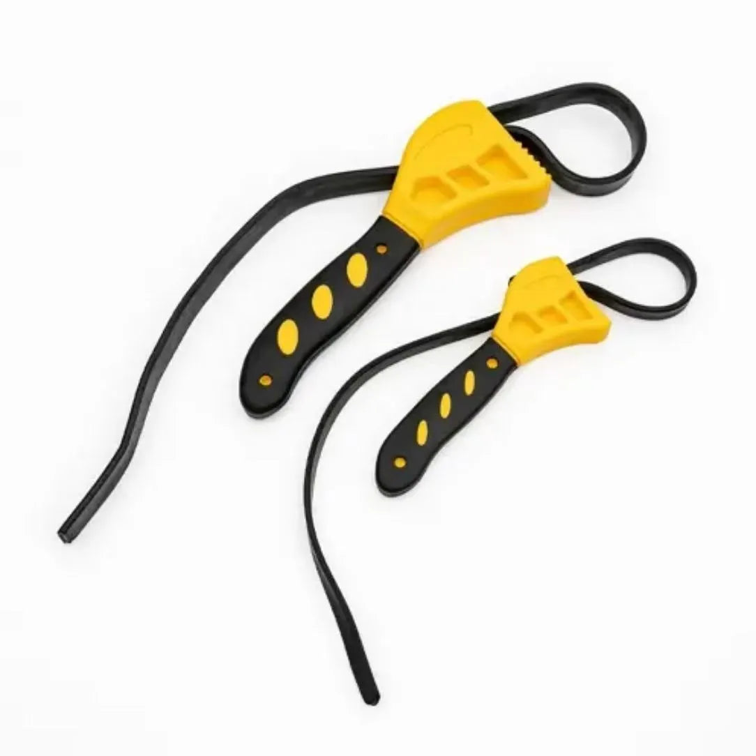 A 6-inch and an 8-inch adjustable rubber strap wrench with steel handles, laid side by side.
