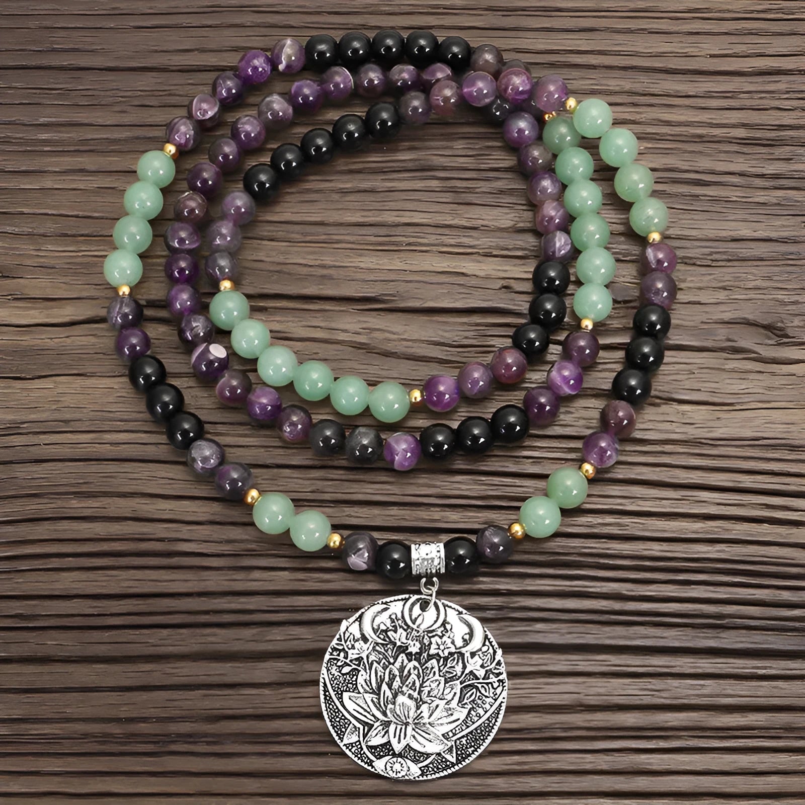 Yoga pendant necklace and matching bracelet with stone beads and geometric alloy pendant design