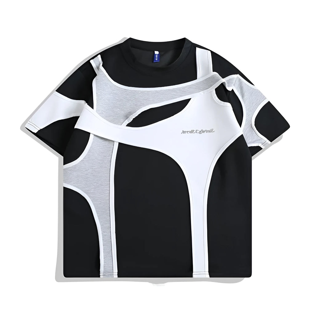 Men's black loose fit cotton t-shirt showing double-layer shoulder stitching detail