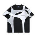Men's black loose fit cotton t-shirt showing double-layer shoulder stitching detail