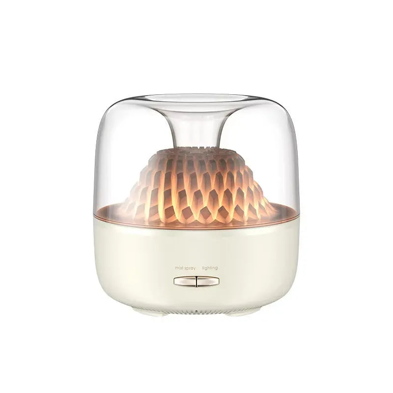 Round resin aroma diffuser in beige on a desk, with mist rising from single outlet, plug-in cord visible