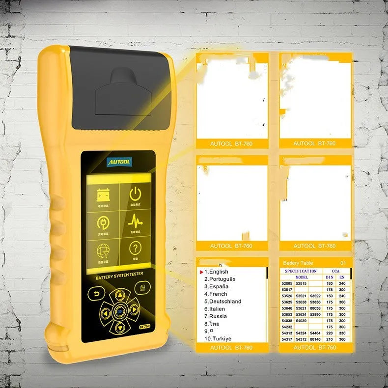 Autool BT760 colour screen vehicle battery tester with clip leads and printed diagnostic receipt.