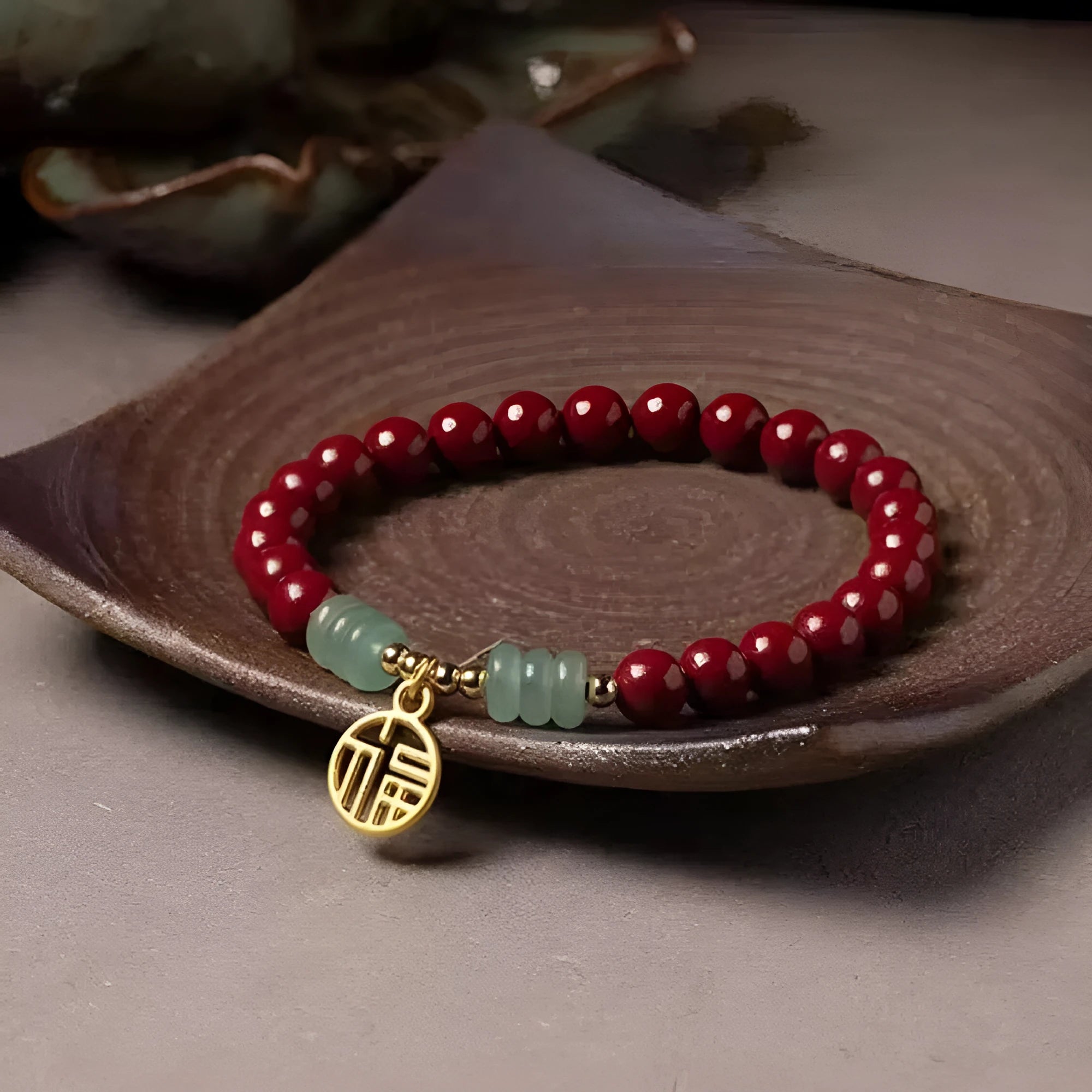 Handmade wave-shaped bracelet made from cinnabar and copper beads in a national unisex style.