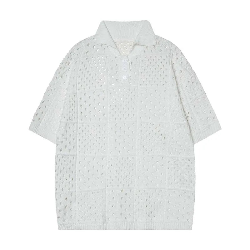 Black polyester blend short-sleeved polo shirt with cardigan style for teenage casual wear