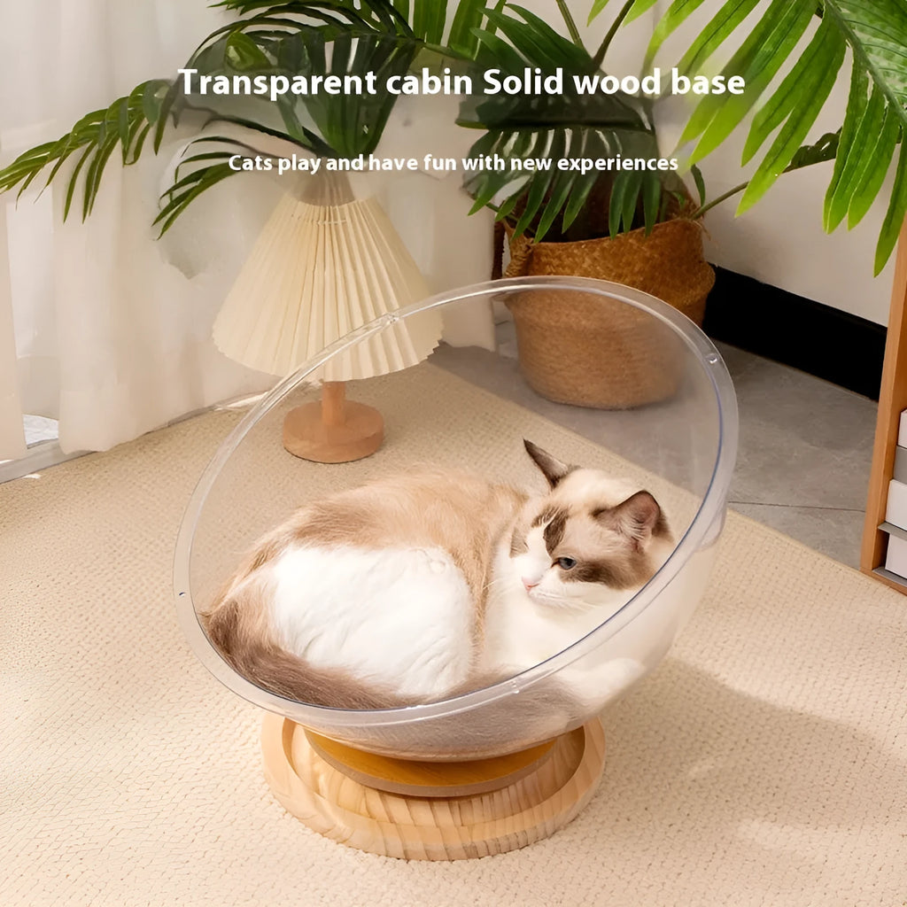 Transparent acrylic cat space capsule bed with turntable base on floor