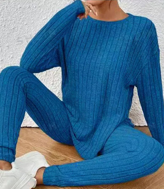 Sunken stripe black and blue polyester two-piece homewear set with regular sleeves