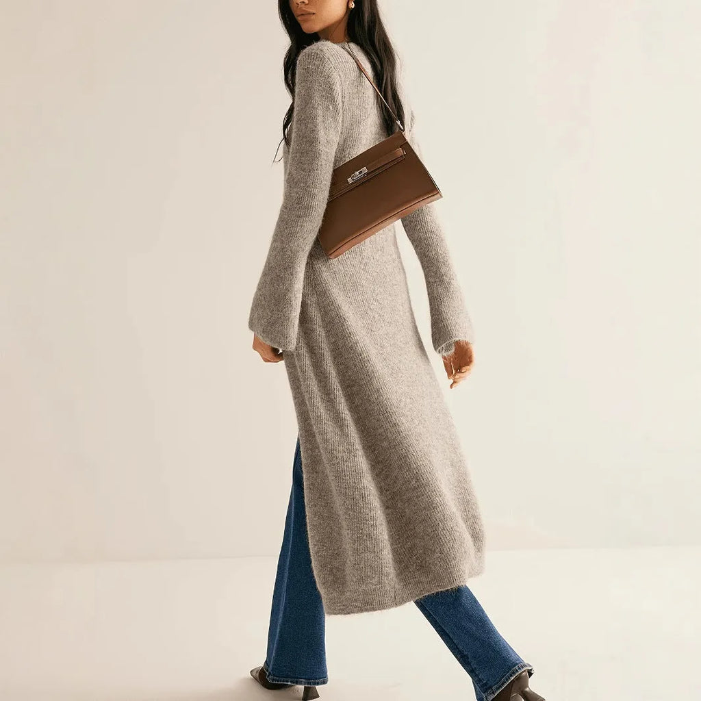 Khaki women's long sleeve cardigan coat with button-front closure in a retro French style.