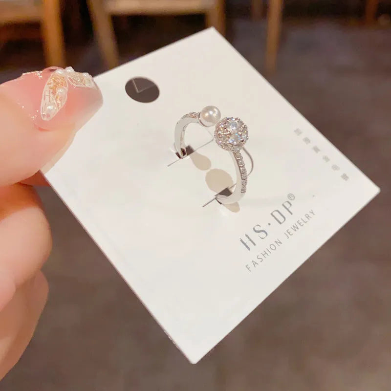 Open-end ring with round zircon pearl detail in gold or silver real gold plating